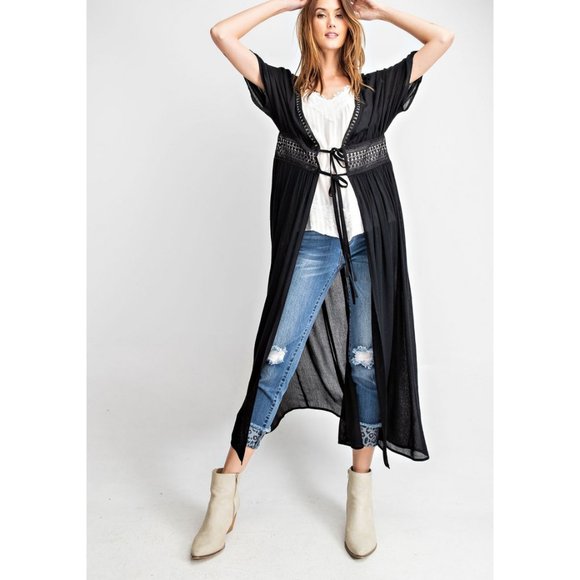 Sheer Black Crochet Maxi Kimono - Picture 1 of 7